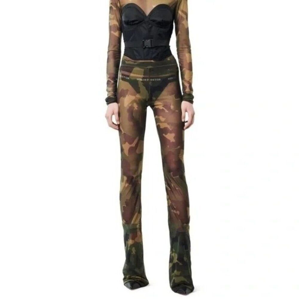 Heron Preston Camo Mesh Sheer Second Skin Flared Camo Green Pants Small